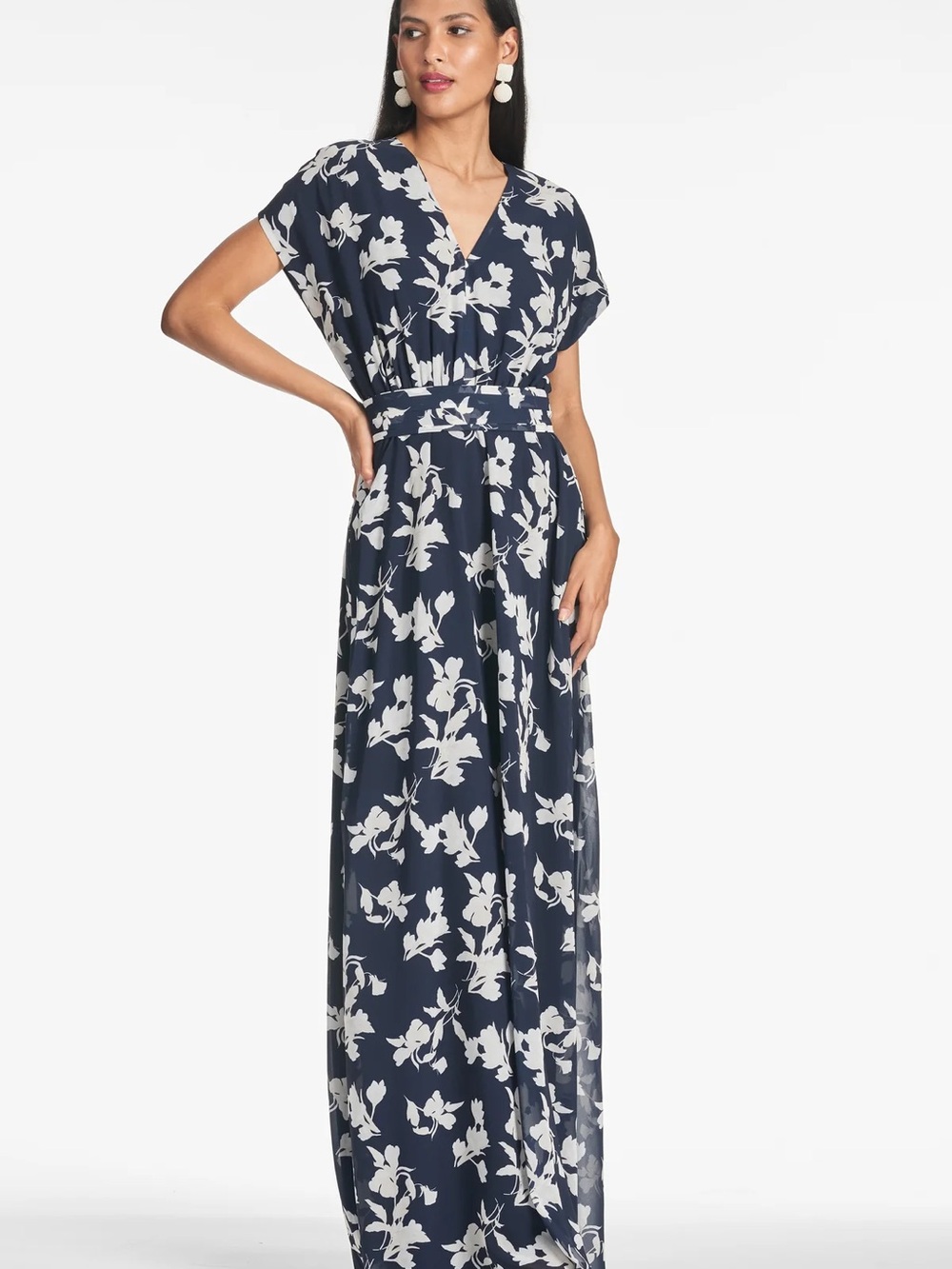 Sachin + Babi Navy and White Floral V-Neck Belted Maxi Dress